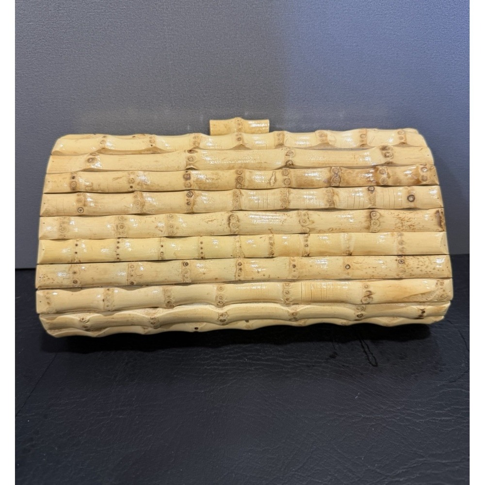 J. McLaughlin Woven Rattan Bamboo  Kendra Clutch Purse Natural Tan Handbag